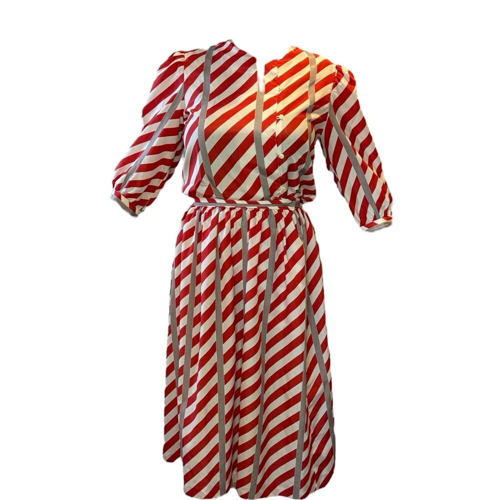 Anne Klein Vintage Stripped Suit w/ Pleated Maxi Skirt and Balloon Sleeve Blouse